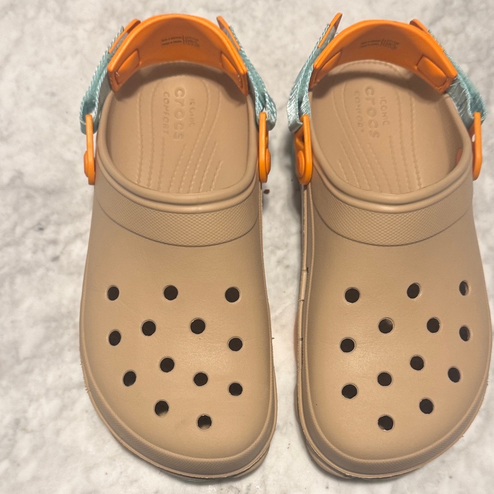 CROCS Classic Clog – Tan with Orange & Teal Strap – Unisex